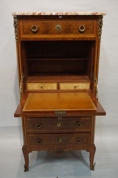 SECRETAIRE Veneer and marquetry straight desk with four drawers and a flap. Transition...