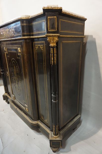 * One door sideboard with detached columns in blackened wood and brass marquetry...