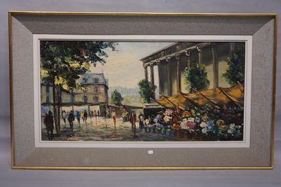 RELO "Flower market in Paris", oil on canvas, sbg. 40x80 cm