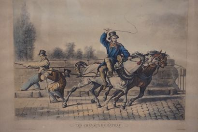 null Two engravings after Vernet: "Route du marché" and "Les chevaux de bateau"....