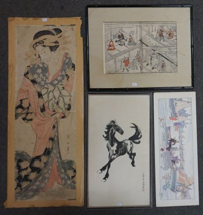null Three Asian framed pieces: "Geisha", watercolor (72x24,5 cm), "Palace scene",...