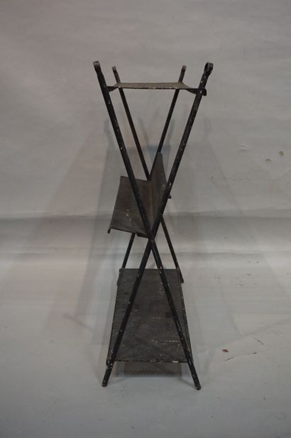 null Black perforated metal shelf with three trays (worn). 72x61x23 cm