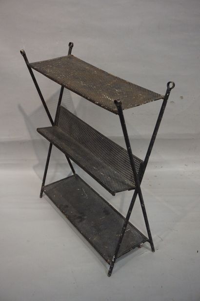 null Black perforated metal shelf with three trays (worn). 72x61x23 cm