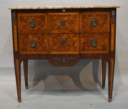 COMMODE Veneer and marquetry chest of drawers with two drawers. Beige marble top....