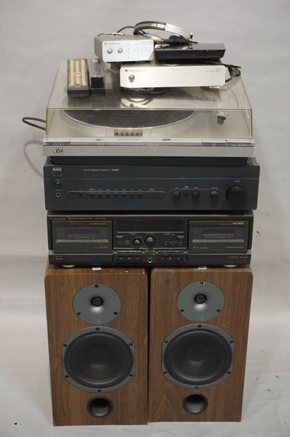null JVC record player, HX Pro cassette radio, Nad amp, two Cabasse speakers and...