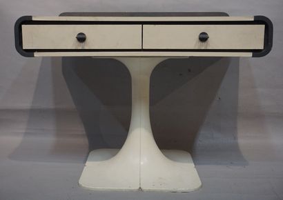 DESIGN Flat desk with tulip base in white plastic and two drawers on the edge in...
