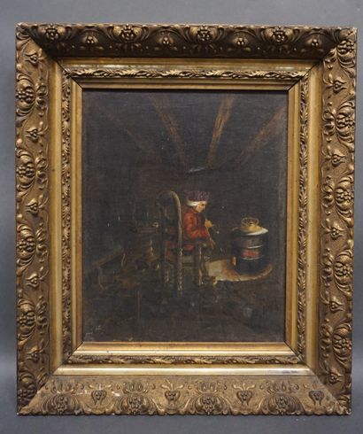 null Ecole XIXe: "Homme assis à la pipe", huile sur toile. 41x33,5 cm