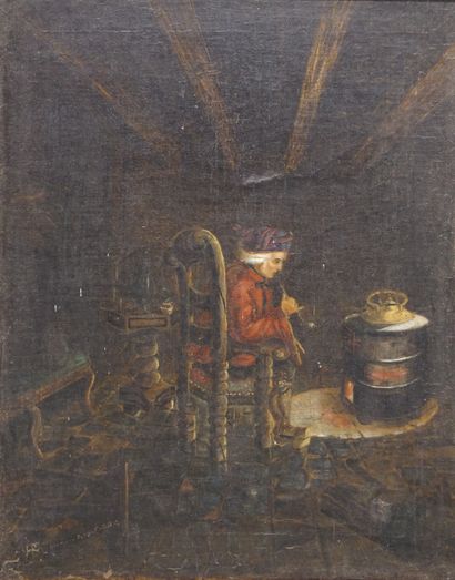 null Ecole XIXe: "Homme assis à la pipe", huile sur toile. 41x33,5 cm
