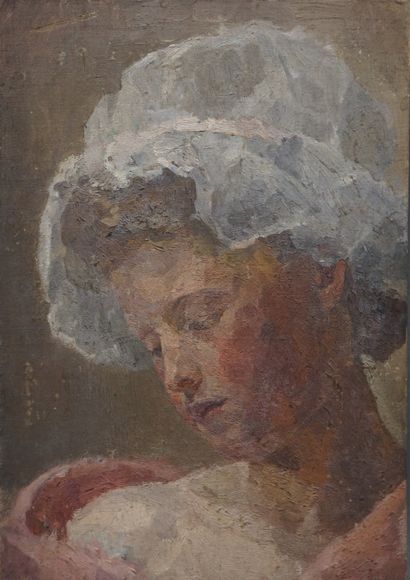 null "Portrait de femme à la coiffe blanche", huile sur carton. 32,5x22 cm