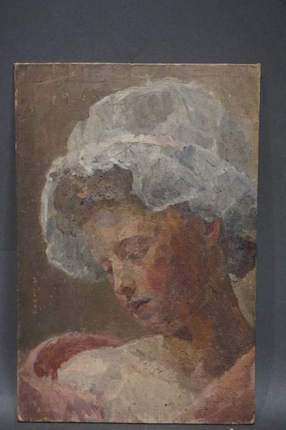 null "Portrait de femme à la coiffe blanche", huile sur carton. 32,5x22 cm
