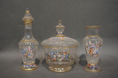 null Plateau (25x33 cm), deux verres, carafe, flacon, vase et bonbonnière en verre...