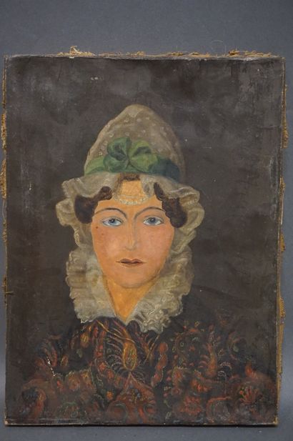 null "Portrait de femme à la coiffe blanche", huile sur toile. 32,5x24,5 cm