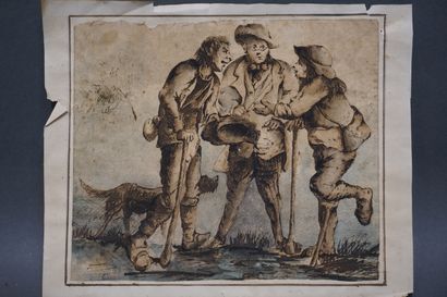 null Huile: "Soldats devant un pont" (26x45 cm), aquarelle, "Moisson" et encre rehaussé:...