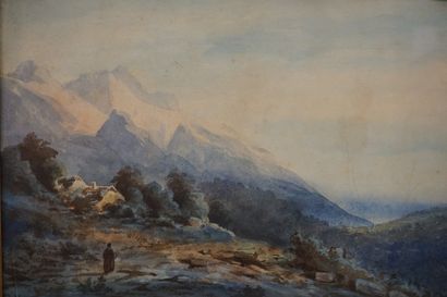 null Ecole XIXe: "Paysage de montagnes", aquarelle, sbg, daté 1868 (pliure, usures)....