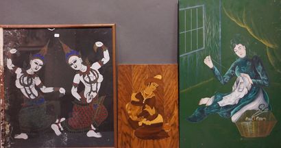 null Trois tableaux asiatiques: "Danseuses", peinture sur tissu, "Couturière", peinture...