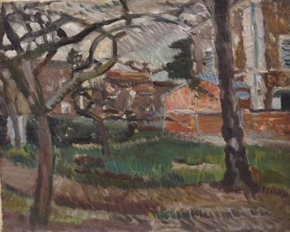 G. TCHERKESSOF (1900-1943) (Atelier de) "Jardin", huile sur toile, au dos: Vente...
