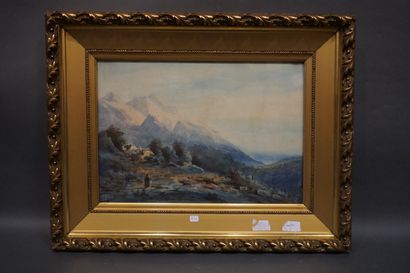 null Ecole XIXe: "Paysage de montagnes", aquarelle, sbg, daté 1868 (pliure, usures)....