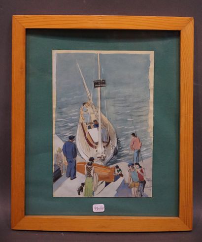 null "Voilier à Port-Manech", gouache, sbd, daté 1956. 23x16 cm
