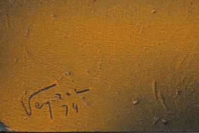 VEYRAC "Formes sur fond brun", peinture, sbg, daté 74. 21,5x28 cm