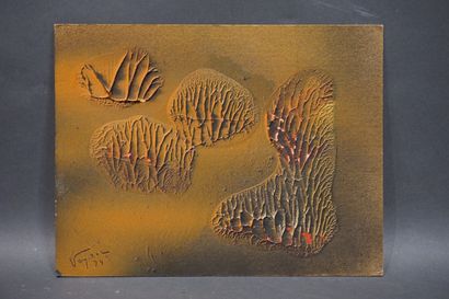 VEYRAC "Formes sur fond brun", peinture, sbg, daté 74. 21,5x28 cm