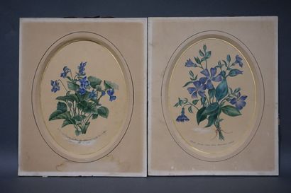 null "Bouquets", paire d'aquarelles ovales. 23x17 cm