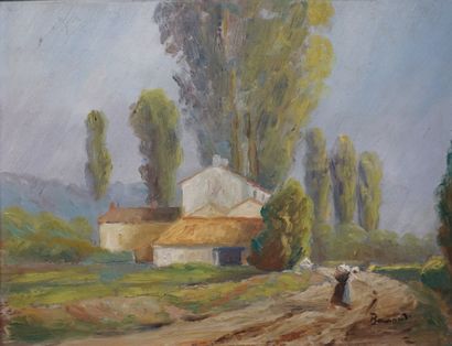 null "Paysanne devant une ferme", huile sur isorel, sbd (Bounard ?). 26,5x35 cm