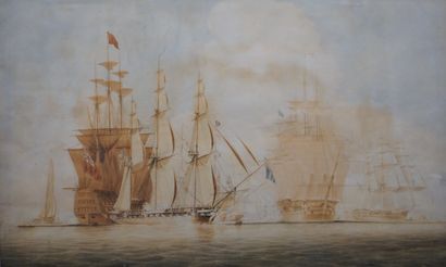 E. KING Ecole XIX°: "Navires de guerre", aquarelle, sbg, daté 1822 (déchirures)....