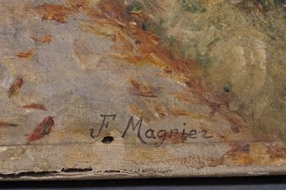 F. MAGNIER "Chemin de campagne", huile sur toile, sbd (pliures). 33x46 cm