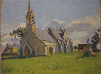 null Ecole XXe: "Eglise de la Madeleine près Penmarch", huile sur panneau, situé...