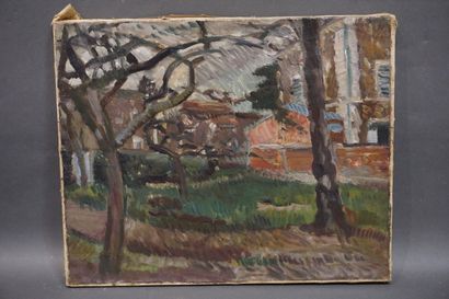 G. TCHERKESSOF (1900-1943) (Atelier de) "Jardin", huile sur toile, au dos: Vente...