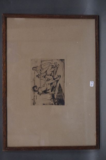 null "Trois pêcheurs", gravure, daté 1929. 12x16 cm