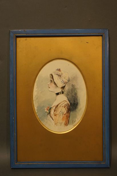 null "Buste de femme de profil", aquarelle à vue ovale, sbd. 20x15 cm