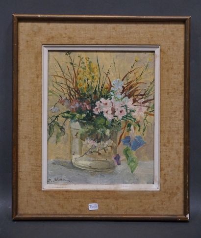 Serge Sédrac "Bouquet", huile sur bois, sbg. Dédicacé au dos. 28x22 cm