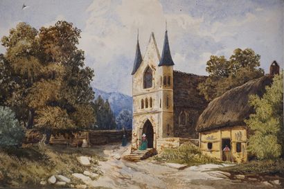 null Ecole XIXe: "Eglise", aquarelle et gouache. 18,5x25,5 cm