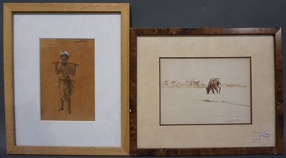 null Deux aquarelles: "Indigène Australien" (19,5x13 cm) et "Cheval".