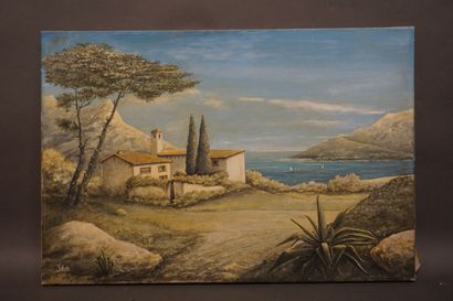 VALENTE "Villa en bord de mer", huile sur toile, sbg. 50x73 cm