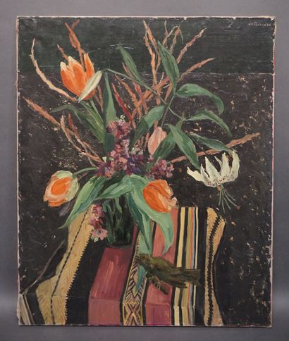 KUIGNON Ecole XXe: "Bouquet de fleurs et oiseau", shd (petits accidents). 73x61 ...