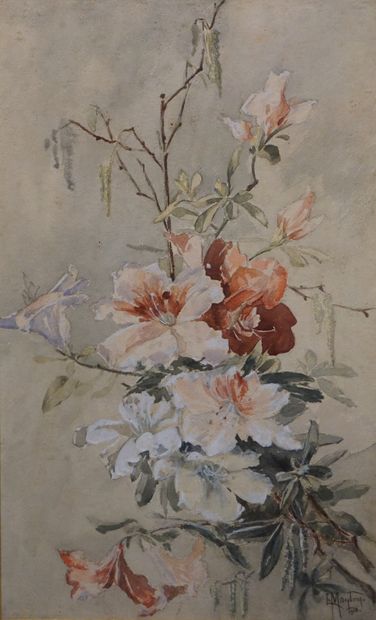 Léon MAYBON "Fleurs", aquarelle, sbd, daté 1908. 48x29,5 cm