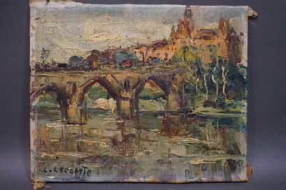 L. LECOMTE "Pont", huile sur toile, sbg (usures). 22,5x27,5 cm