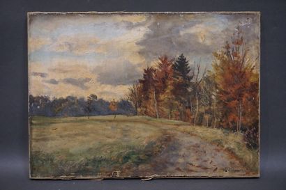 F. MAGNIER "Chemin de campagne", huile sur toile, sbd (pliures). 33x46 cm