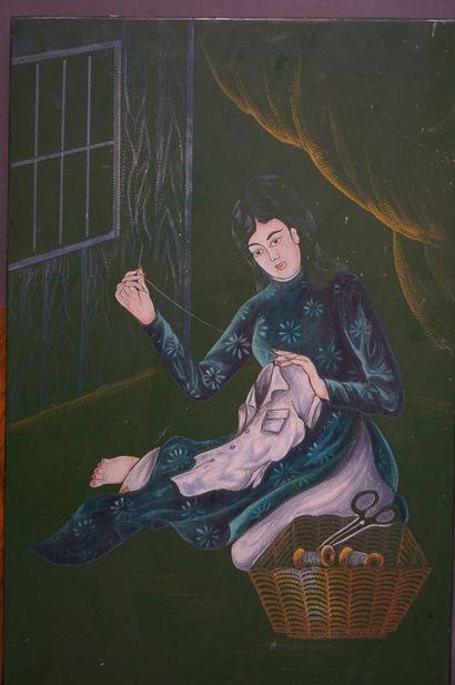 null Trois tableaux asiatiques: "Danseuses", peinture sur tissu, "Couturière", peinture...