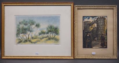 null Deux estampes: "Porte de ville" et "Village" d'après Zarou. 17x26 cm