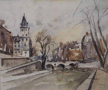 Richard HEINTZ (1871-1929) "Les quais de Seine à Paris", aquarelle, sbd. 31x37 c...