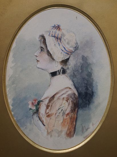 null "Buste de femme de profil", aquarelle à vue ovale, sbd. 20x15 cm