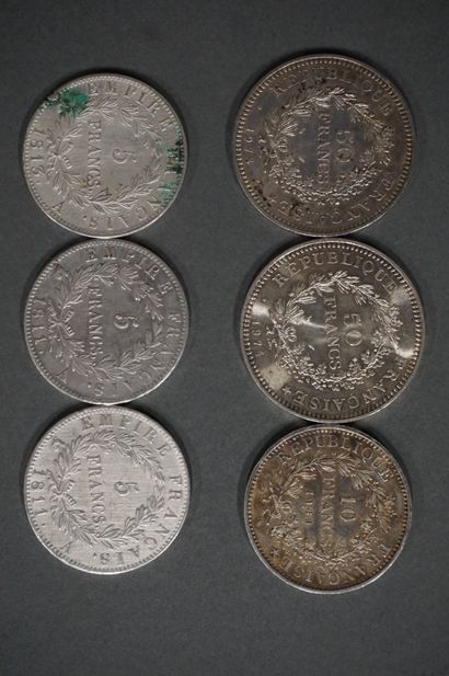 Six silver coins: two 50 French francs 1974...
