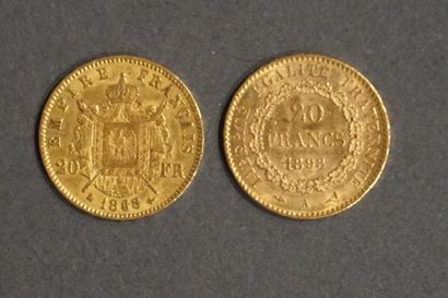 Deux pièces de vingt francs français en or...