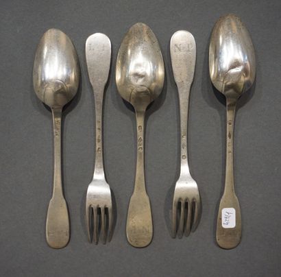COUVERTS Three spoons and two forks in plain silver. Fermiers généraux, with a rooster...