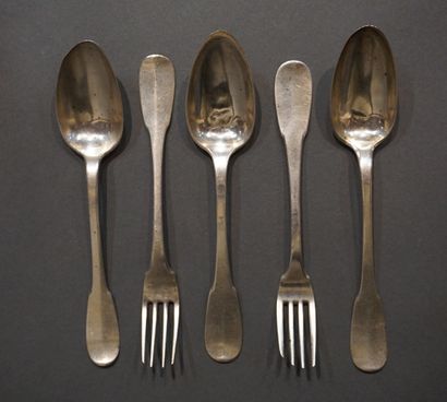 COUVERTS Three spoons and two forks in plain silver. Fermiers généraux, with a rooster...