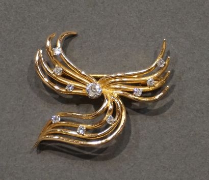 Broche Brooch - sheaf in gold set with ten white stones (11grs)