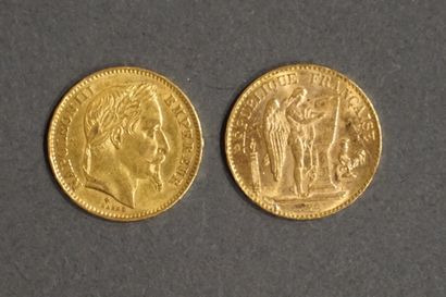 null Deux pièces de vingt francs français en or (poids Total: 14grs)